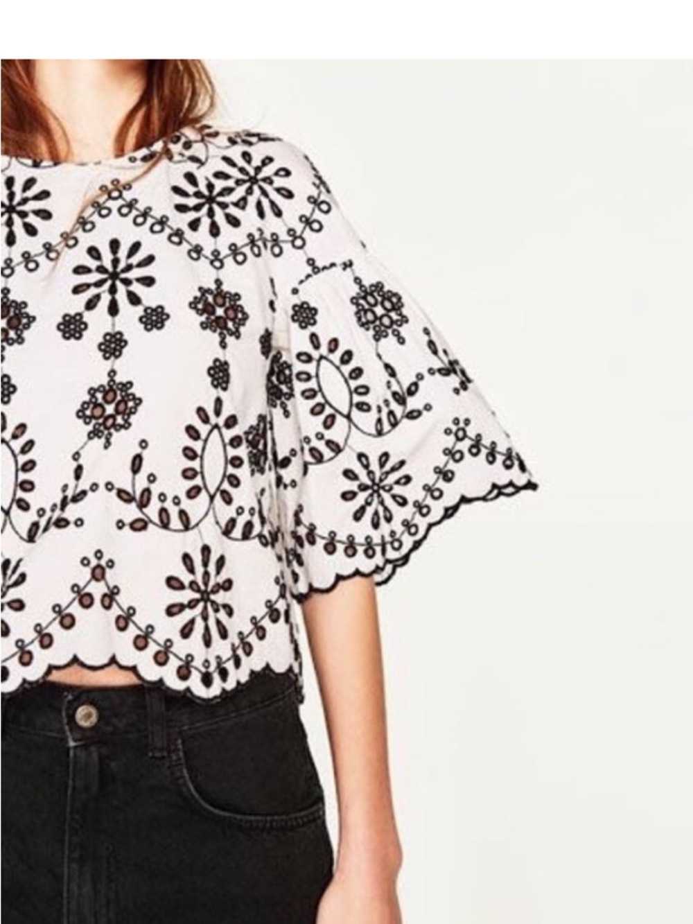 Zara White Crop Top with Black Floral Embroidery